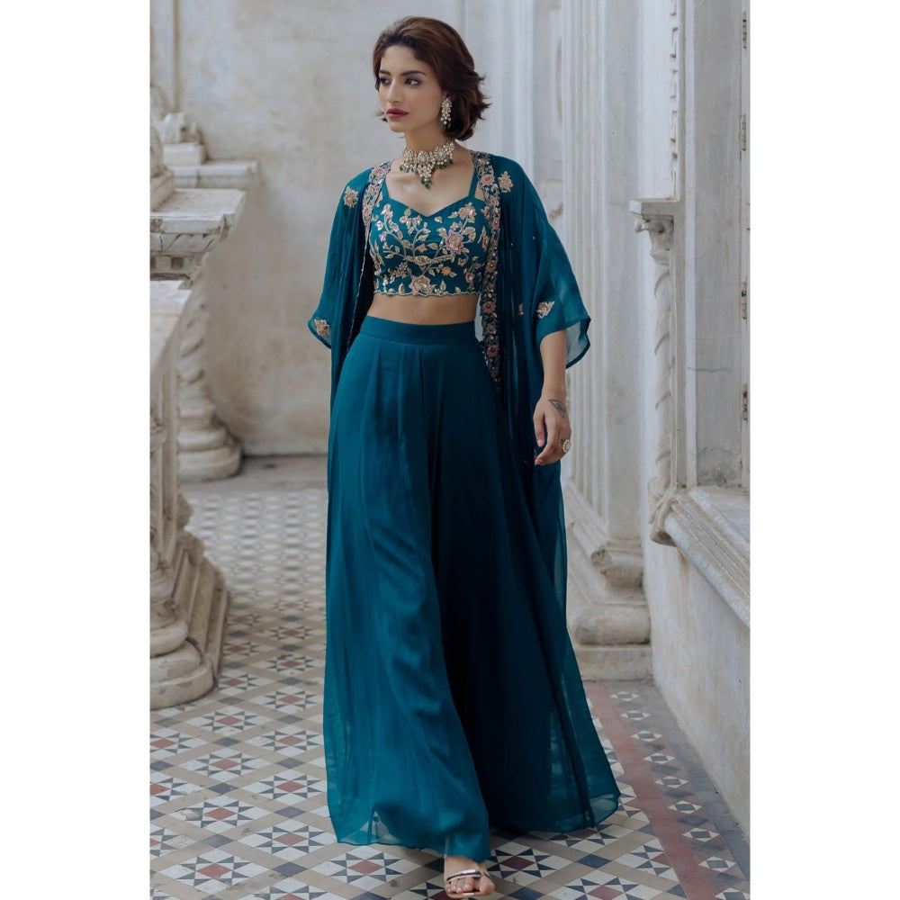 Paulmi & Harsh Teal Floral Cape (Set of 3)