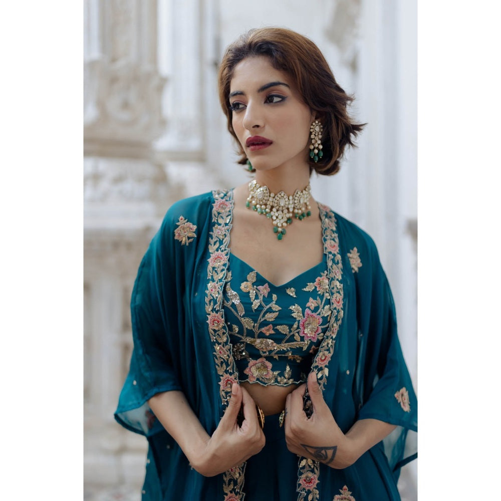 Paulmi & Harsh Teal Floral Cape (Set of 3)