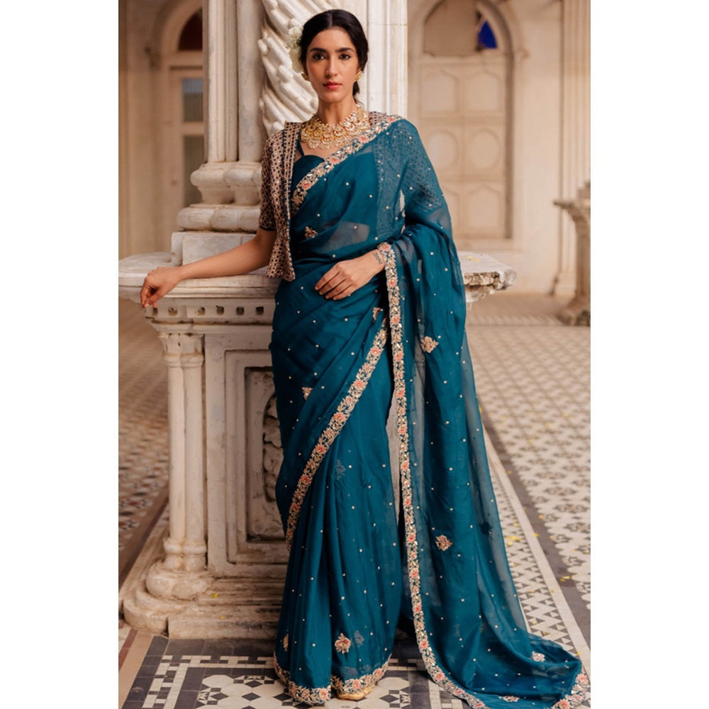 Paulmi & Harsh Gypsy Teal Embroidered Saree with Blouse (Set of 3)