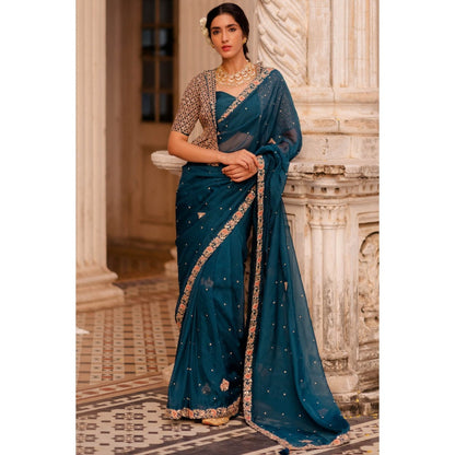 Paulmi & Harsh Gypsy Teal Embroidered Saree with Blouse (Set of 3)