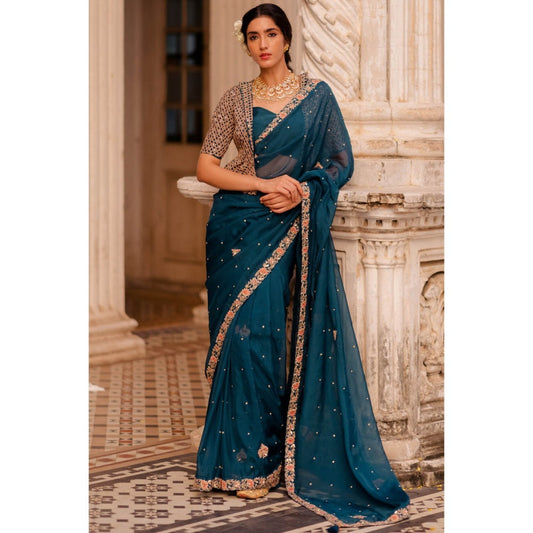Paulmi & Harsh Gypsy Teal Embroidered Saree with Blouse (Set of 3)