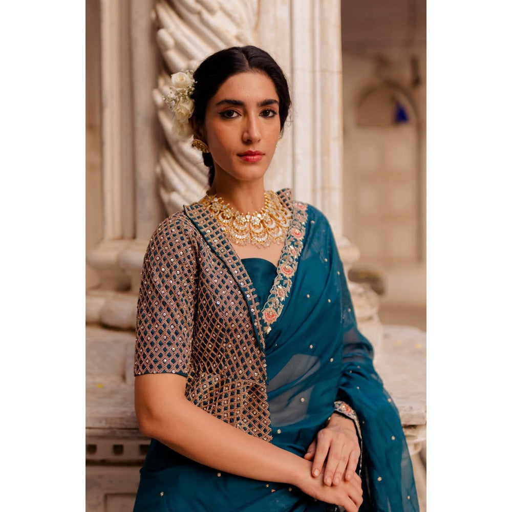 Paulmi & Harsh Gypsy Teal Embroidered Saree with Blouse (Set of 3)