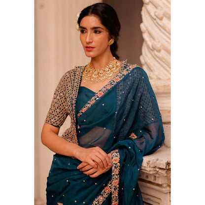 Paulmi & Harsh Gypsy Teal Embroidered Saree with Blouse (Set of 3)