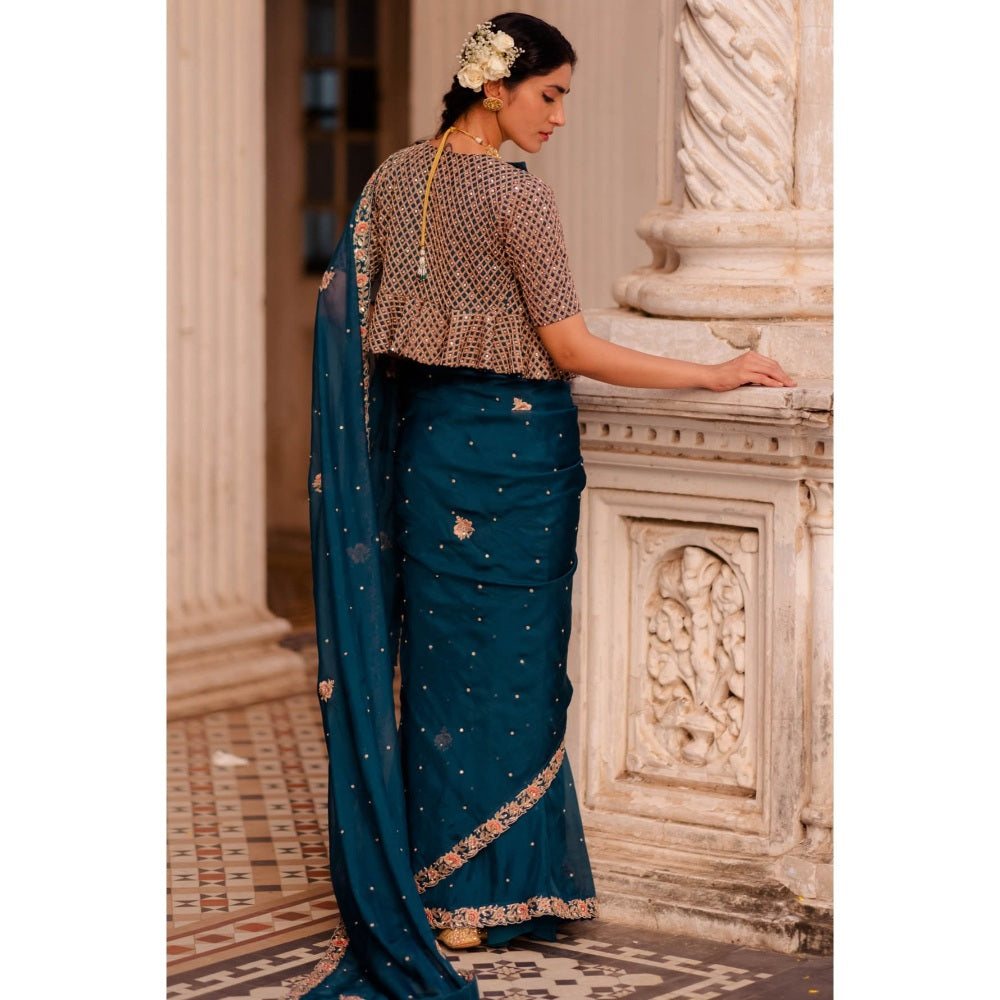 Paulmi & Harsh Gypsy Teal Embroidered Saree with Blouse (Set of 3)