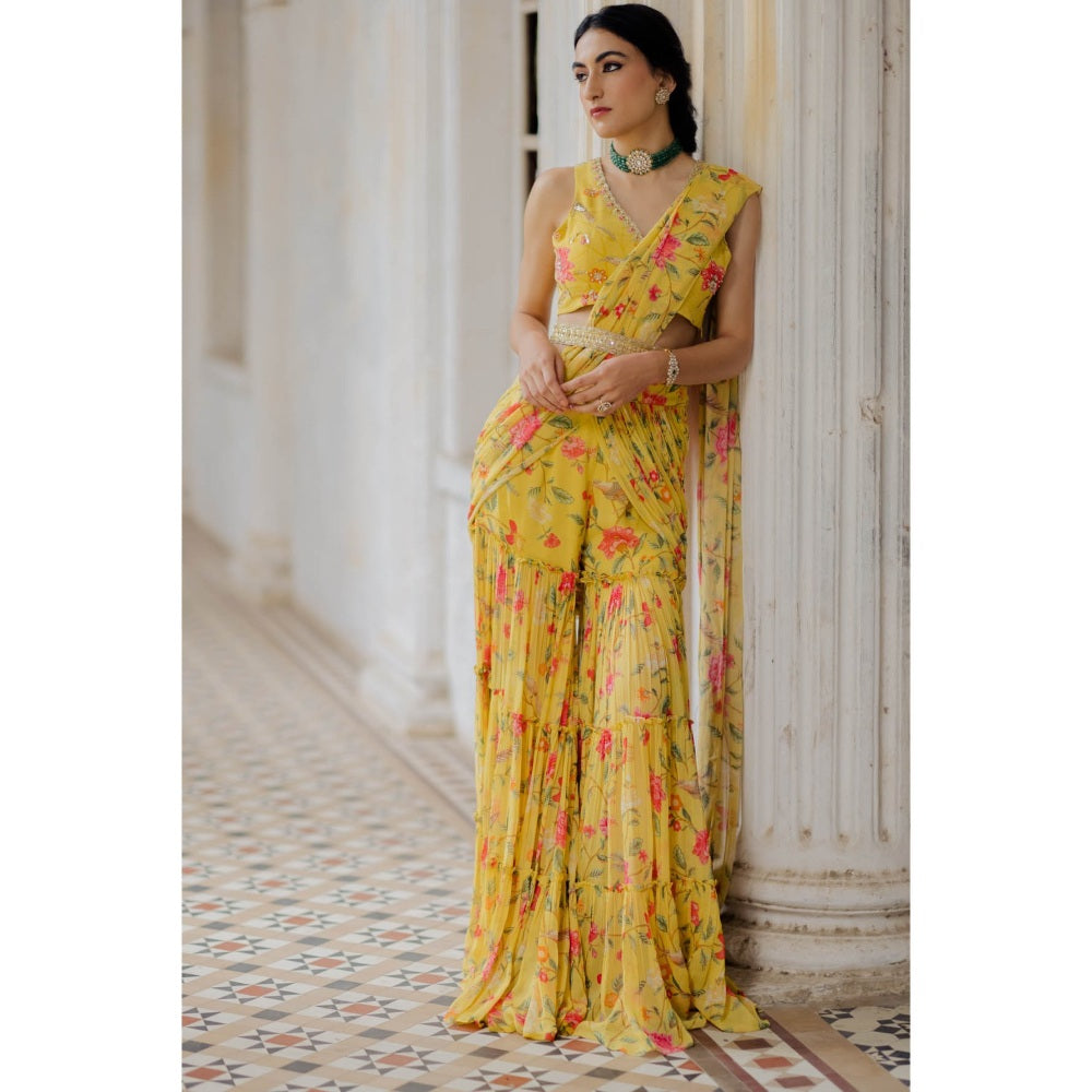 Paulmi & Harsh Sunshine Yellow Chintz Sharara Saree (Set of 3)