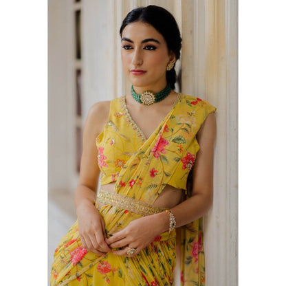 Paulmi & Harsh Sunshine Yellow Chintz Sharara Saree (Set of 3)