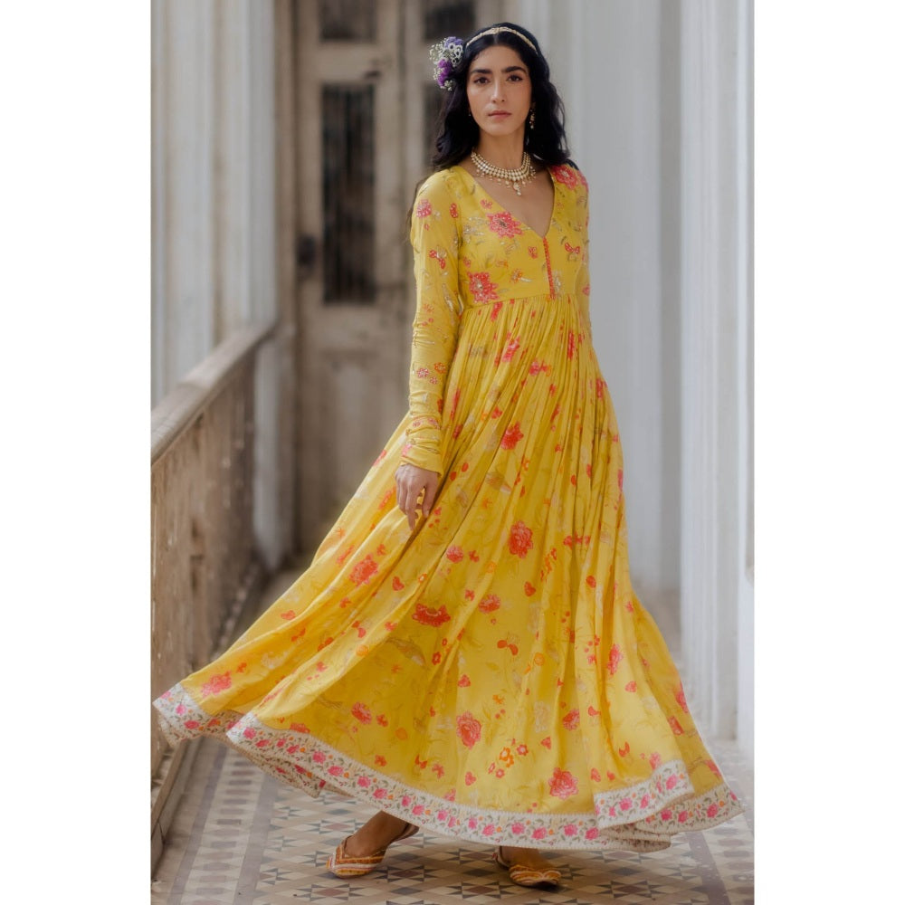 Paulmi & Harsh Sunshine Yellow Chintz Anarkali (Set of 2)