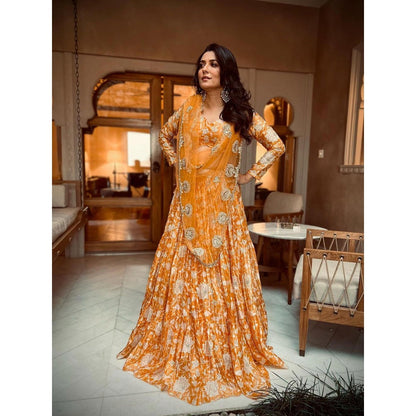 Paulmi & Harsh Yellow Kesari Block Printed Lehenga (Set of 3)