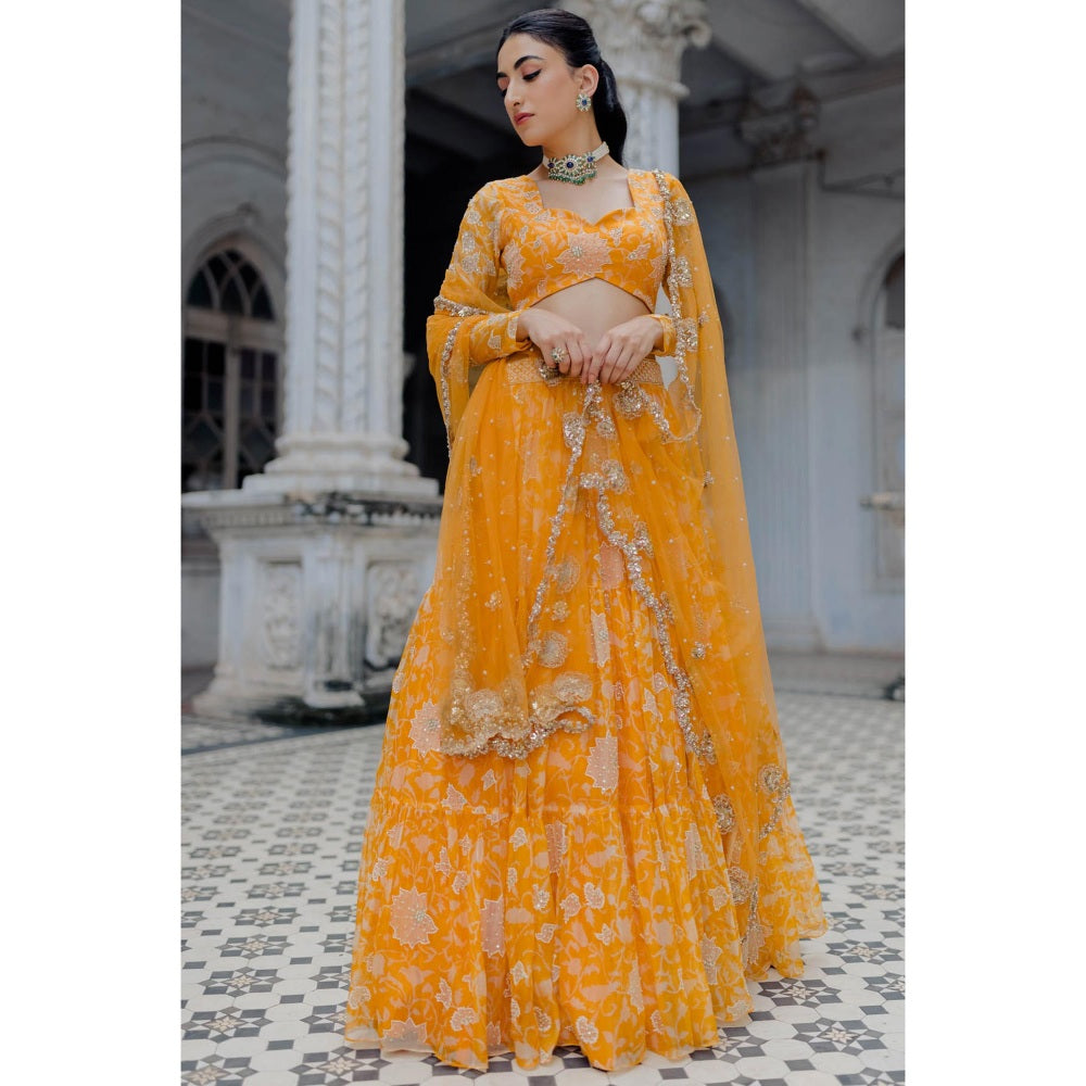 Paulmi & Harsh Yellow Kesari Block Printed Lehenga (Set of 3)