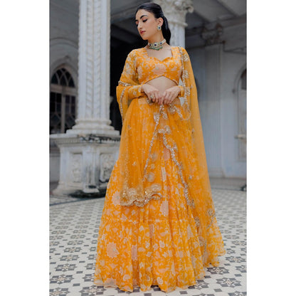 Paulmi & Harsh Yellow Kesari Block Printed Lehenga (Set of 3)