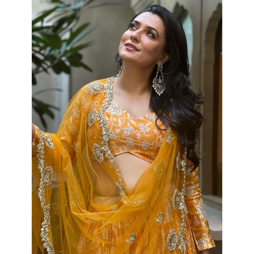 Paulmi & Harsh Yellow Kesari Block Printed Lehenga (Set of 3)