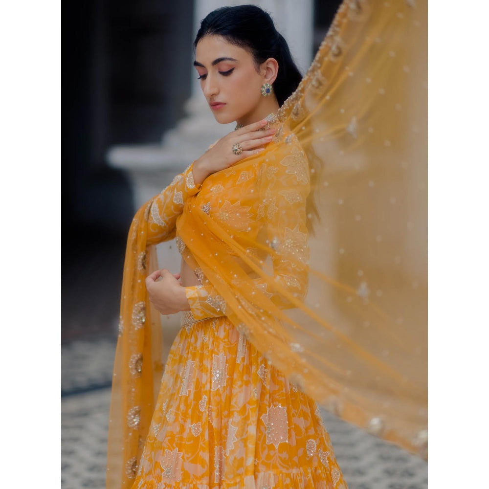 Paulmi & Harsh Yellow Kesari Block Printed Lehenga (Set of 3)