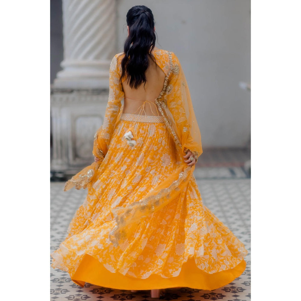 Paulmi & Harsh Yellow Kesari Block Printed Lehenga (Set of 3)
