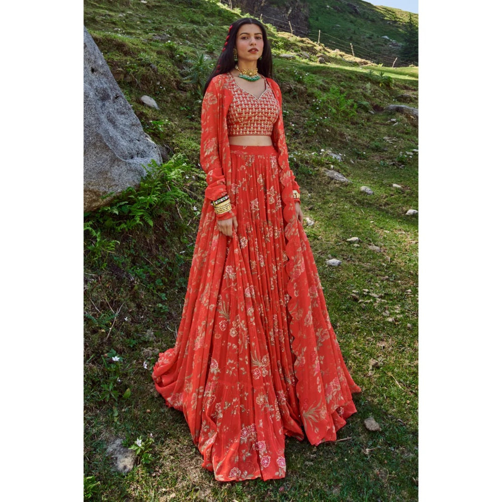 Paulmi & Harsh Poppy Red Floral Print Lehenga (Set of 3)