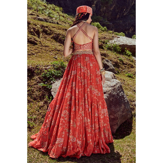 Paulmi & Harsh Poppy Red Floral Print Lehenga (Set of 3)