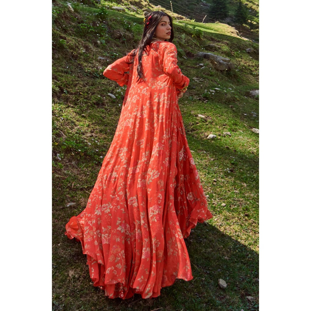 Paulmi & Harsh Poppy Red Floral Print Lehenga (Set of 3)