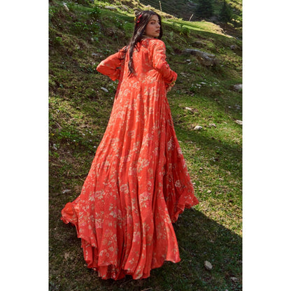 Paulmi & Harsh Poppy Red Floral Print Lehenga (Set of 3)