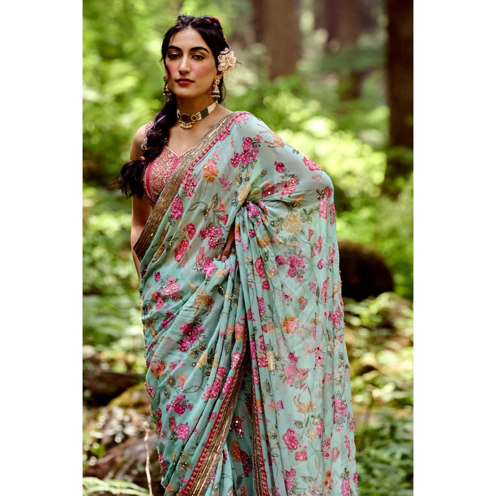 Paulmi & Harsh Light Blue Jungle Print Saree with Stitched Blouse