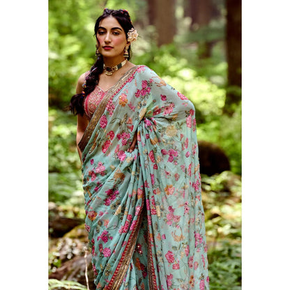 Paulmi & Harsh Light Blue Jungle Print Saree with Stitched Blouse