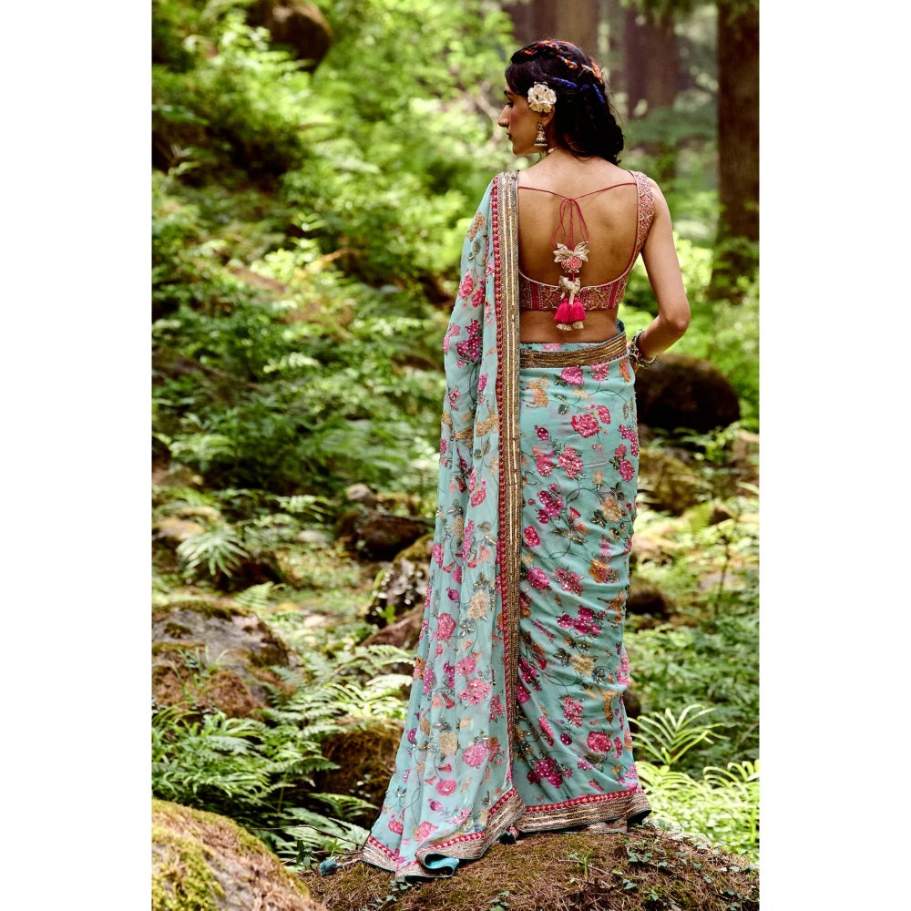 Paulmi & Harsh Light Blue Jungle Print Saree with Stitched Blouse