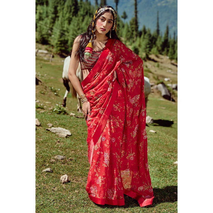 Paulmi & Harsh Poppy Red Hand Highlighted Saree with Stitched Blouse
