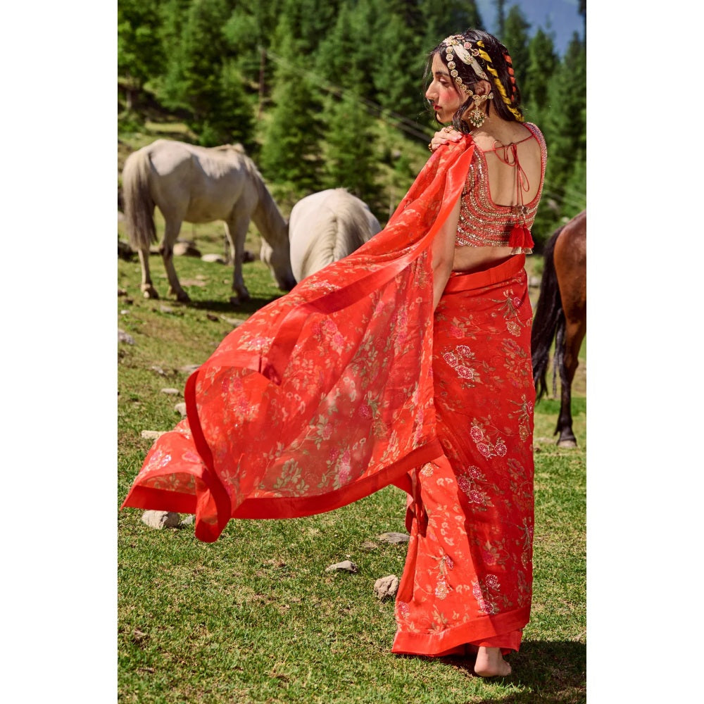 Paulmi & Harsh Poppy Red Hand Highlighted Saree with Stitched Blouse