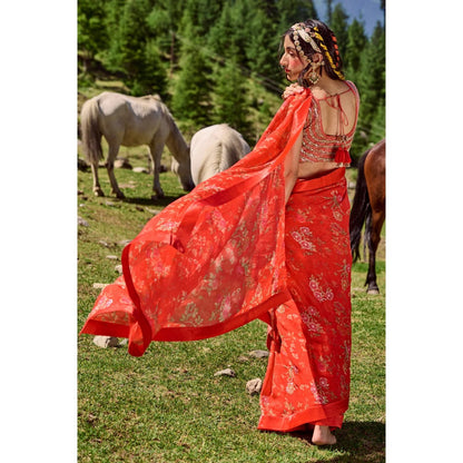 Paulmi & Harsh Poppy Red Hand Highlighted Saree with Stitched Blouse