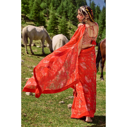Paulmi & Harsh Poppy Red Hand Highlighted Saree with Stitched Blouse