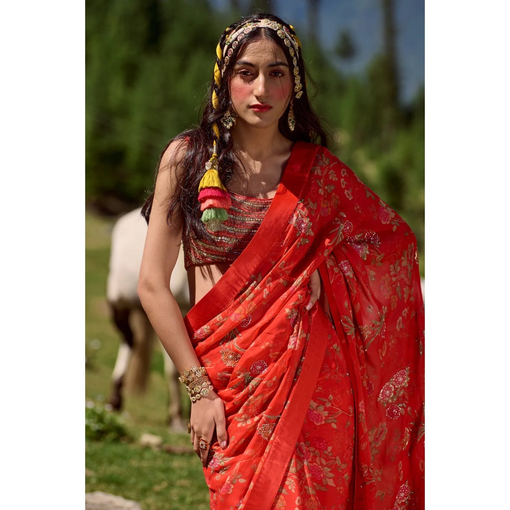 Paulmi & Harsh Poppy Red Hand Highlighted Saree with Stitched Blouse