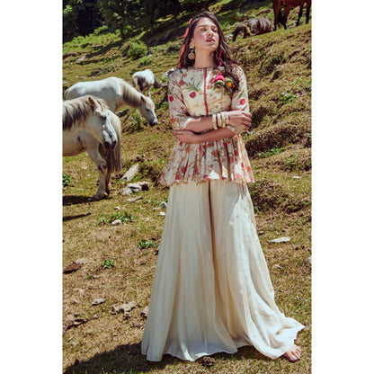 Paulmi & Harsh Off White Floral Peplum Top & Palazzo (Set of 2)