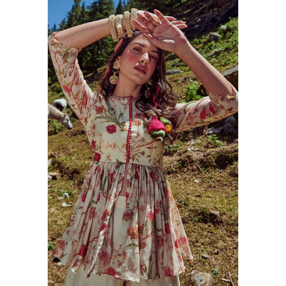 Paulmi & Harsh Off White Floral Peplum Top & Palazzo (Set of 2)