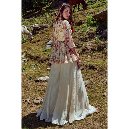 Paulmi & Harsh Off White Floral Peplum Top & Palazzo (Set of 2)