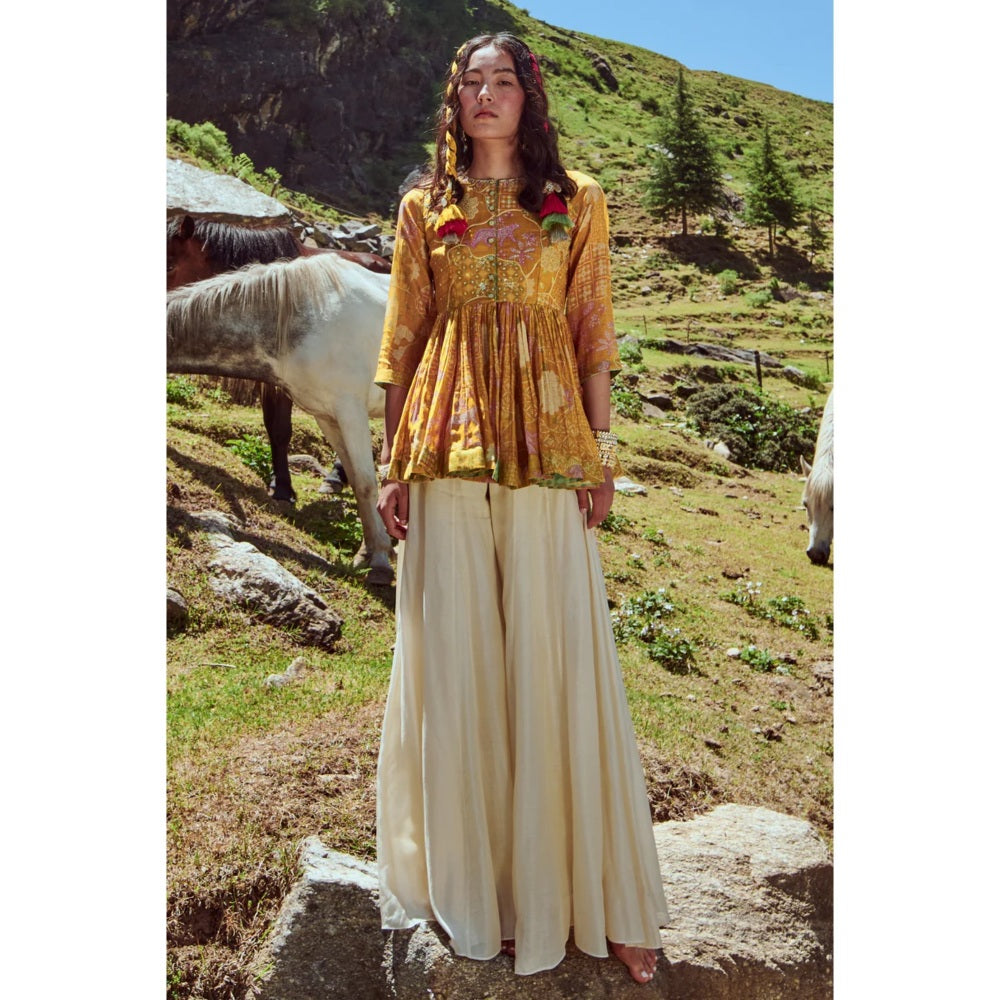 Paulmi & Harsh Yellow Naksha Print Peplum Top with Palazzo (Set of 2)