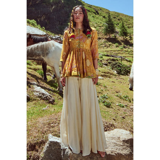 Paulmi & Harsh Yellow Naksha Print Peplum Top with Palazzo (Set of 2)