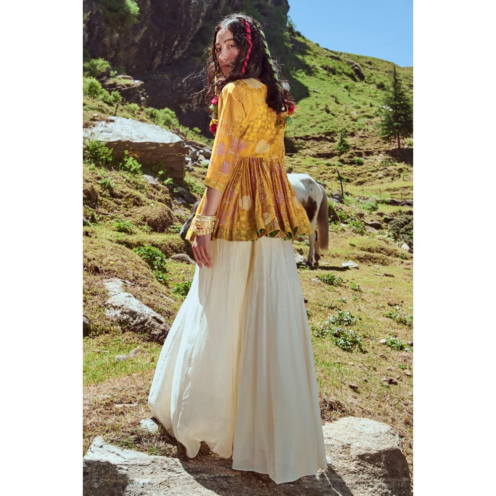 Paulmi & Harsh Yellow Naksha Print Peplum Top with Palazzo (Set of 2)
