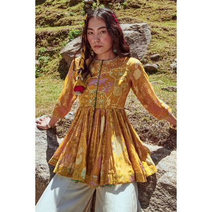 Paulmi & Harsh Yellow Naksha Print Peplum Top with Palazzo (Set of 2)