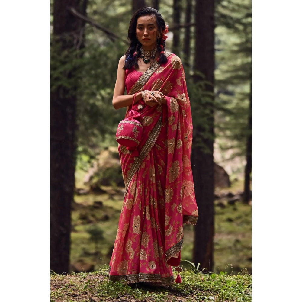 Paulmi & Harsh Rani Pink Big Rose Print Saree with Stitched Blouse