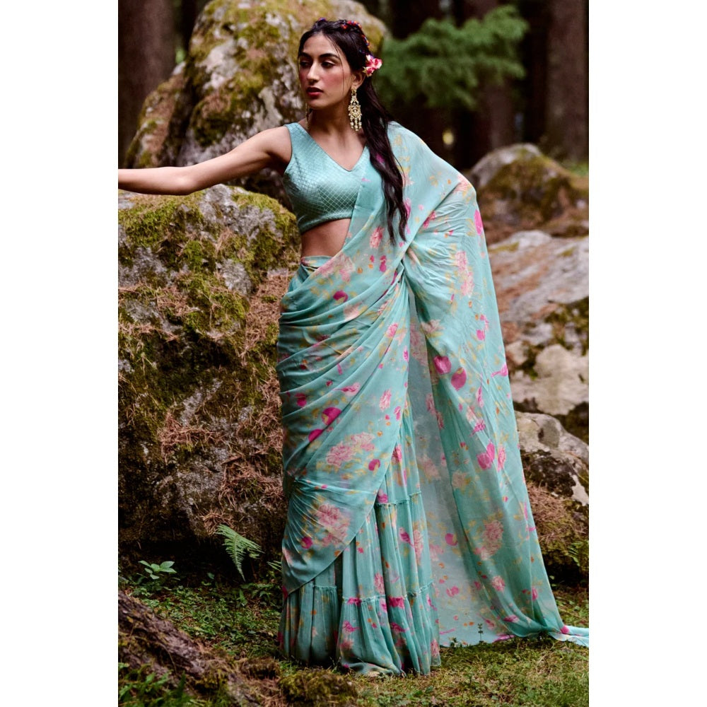 Paulmi & Harsh Light Blue Anar Print Frill Saree with Stitched Blouse