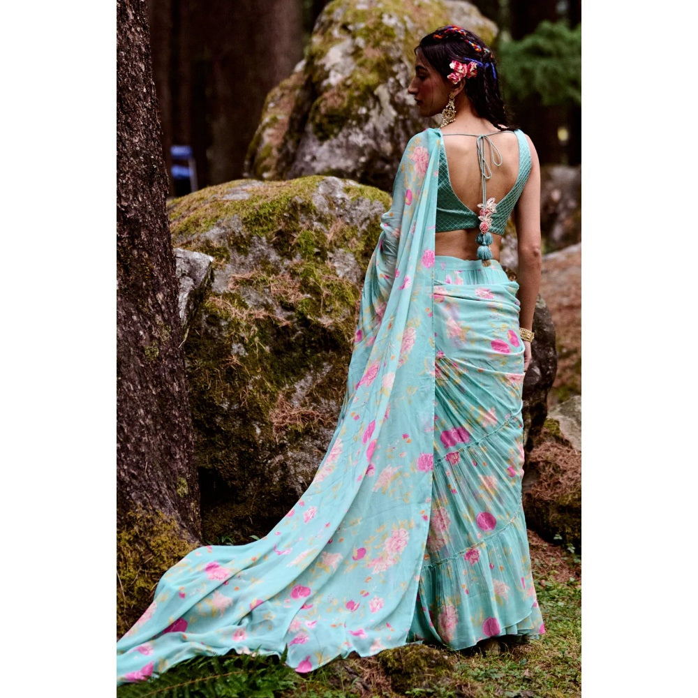 Paulmi & Harsh Light Blue Anar Print Frill Saree with Stitched Blouse