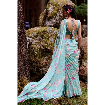 Paulmi & Harsh Light Blue Anar Print Frill Saree with Stitched Blouse
