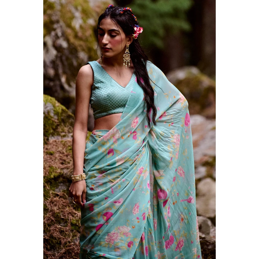 Paulmi & Harsh Light Blue Anar Print Frill Saree with Stitched Blouse