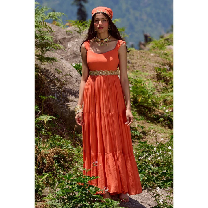Paulmi & Harsh Sherbet Orange Maxi Dress (Set of 3)