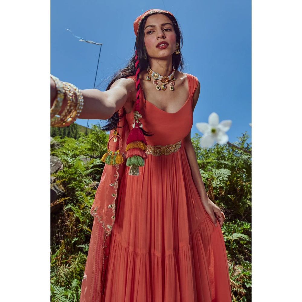 Paulmi & Harsh Sherbet Orange Maxi Dress (Set of 3)