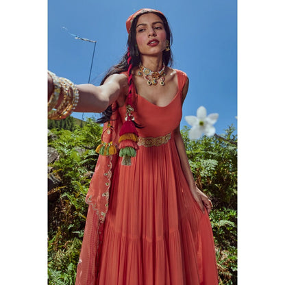 Paulmi & Harsh Sherbet Orange Maxi Dress (Set of 3)