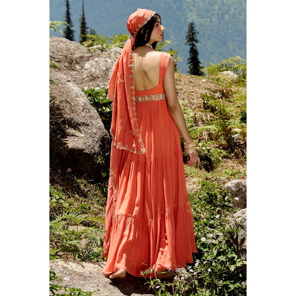 Paulmi & Harsh Sherbet Orange Maxi Dress (Set of 3)