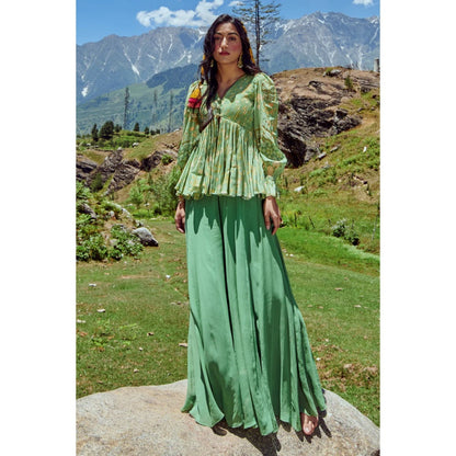 Paulmi & Harsh Fern Green Naksha Print Peplum & Palazzo (Set of 2)