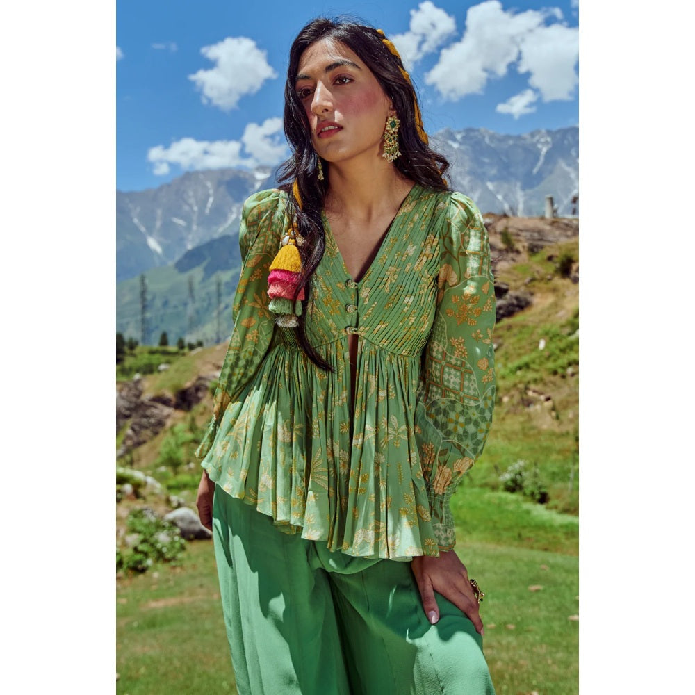Paulmi & Harsh Fern Green Naksha Print Peplum & Palazzo (Set of 2)