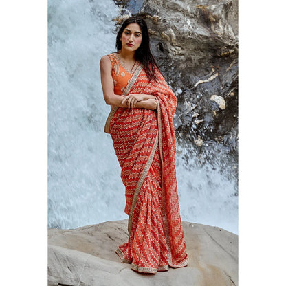 Paulmi & Harsh Sherbet Orange Leheriya Print Saree with Stitched Blouse