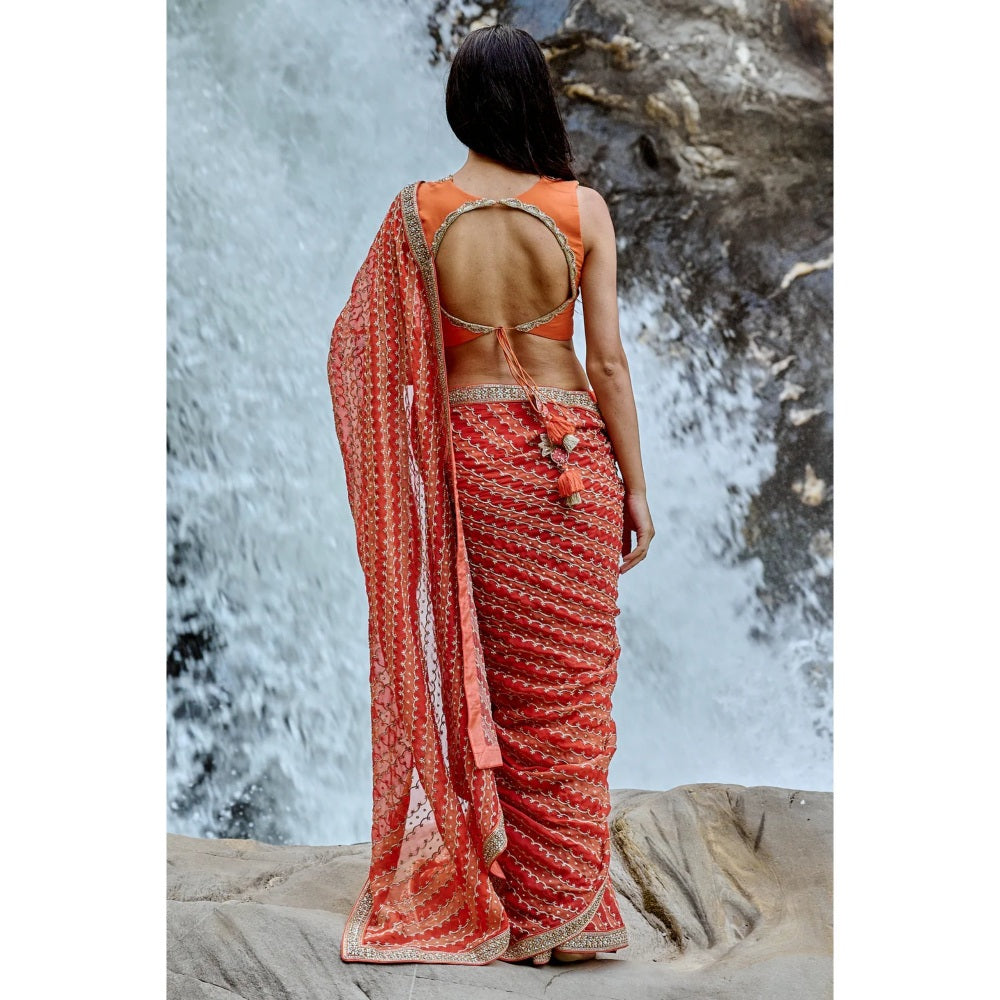 Paulmi & Harsh Sherbet Orange Leheriya Print Saree with Stitched Blouse