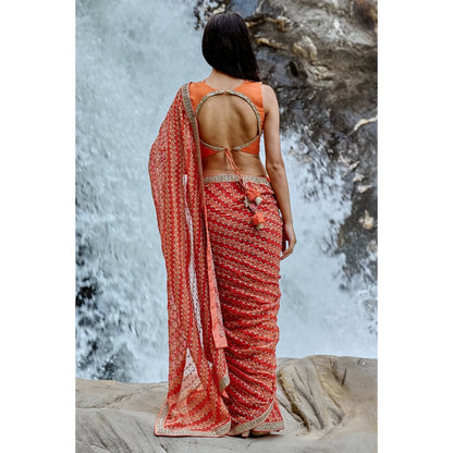 Paulmi & Harsh Sherbet Orange Leheriya Print Saree with Stitched Blouse